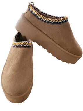 Pazzle Moon Camel Faux Suede Slip On Platform Slippers Aztec Stitching